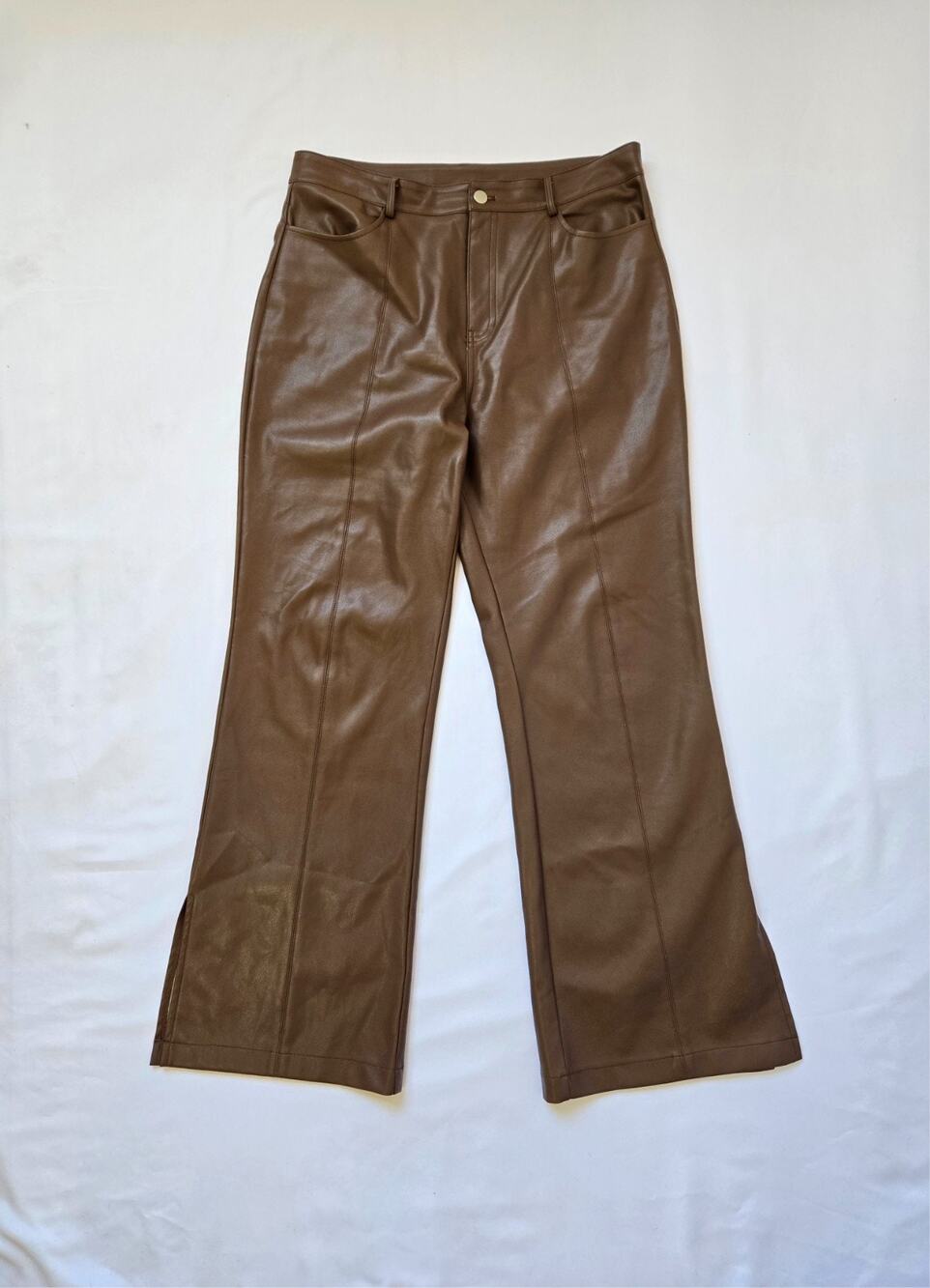12th Tribe Brown Faux Leather Wide Leg Pants XL Slit Hem High Rise Vegan Leather